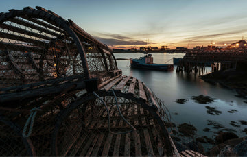 A small pile of lobster traps on a rocky coastline overlooking a harbour at sunrise